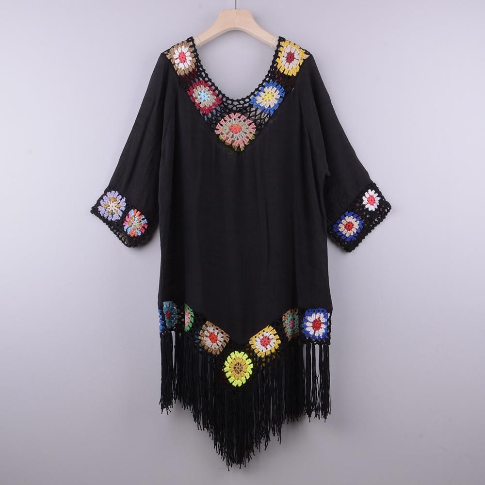 Transfronterizo nuevo fuera del hombro tres cuartos manga gancho flor costura borla irregular playa anti-DDoS blusa estilo étnico vestido image 8