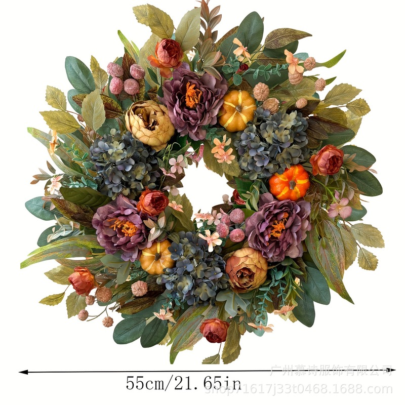 秋季南瓜花环门挂牡丹绣球仿真跨境亚马逊藤圈感恩节Fall Wreaths|undefined