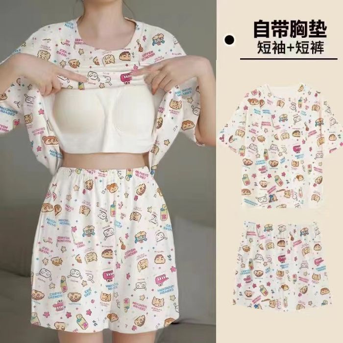 Pajamas with Breast Pads, Summer Short-Sleeved Cute Shorts, Thin Home Clothes Set, Can Be Worn Outside, Loose and Sweet Pajamas for Women