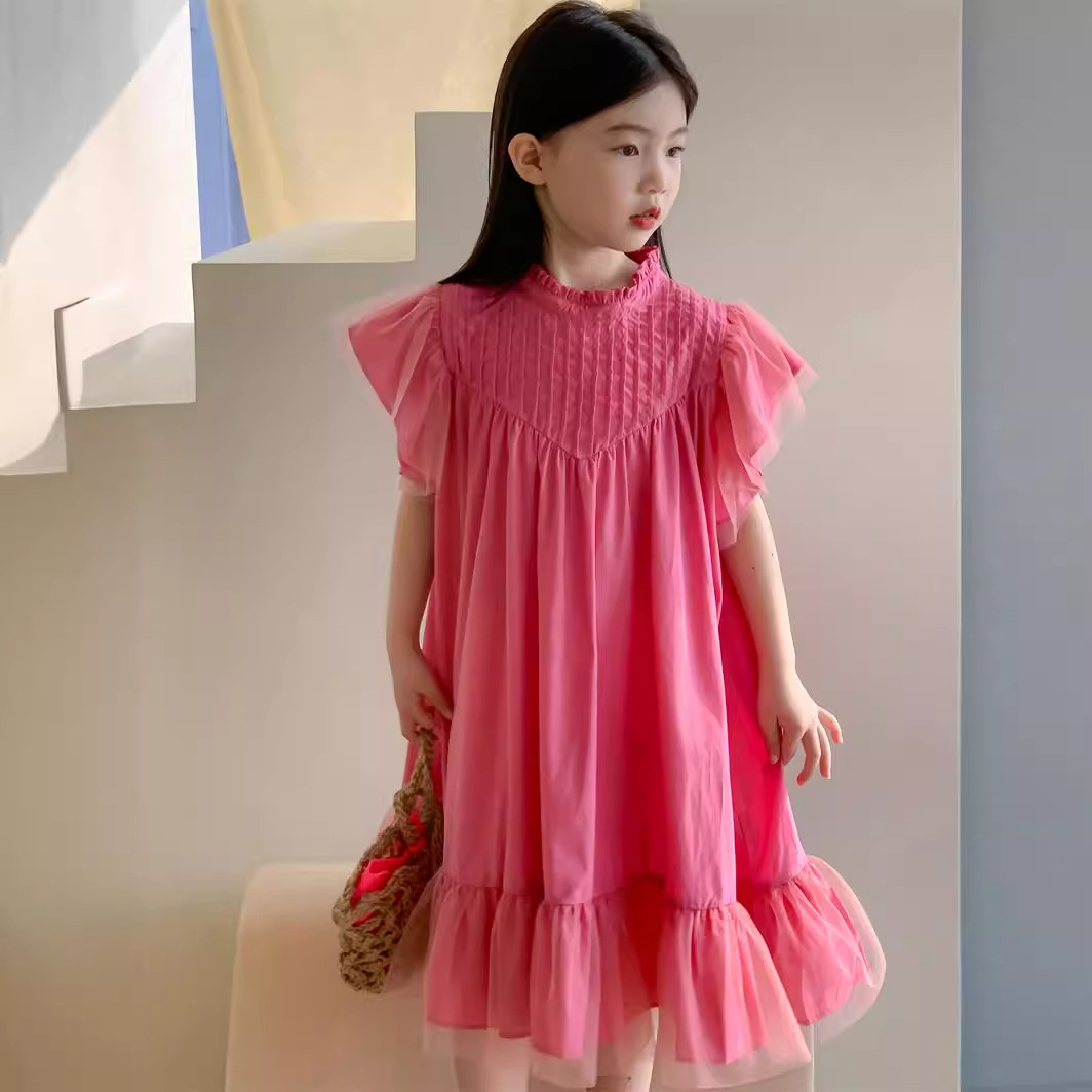 Flower and girl-seeking children's summer dress dress 2024 new pure color sweet dress baby girl mesh sleeveless dress