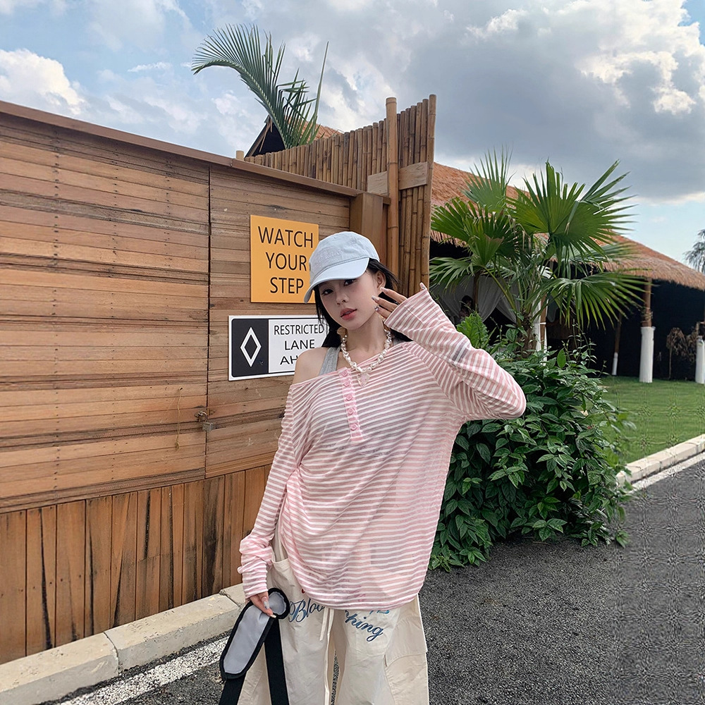 Korean Style Lazy Long-Sleeve Blouse for Women, Early Autumn, Large Neckline, Off-Shoulder, Pink Striped T-Shirt, Thin Semi-Sheer Top, Trendy