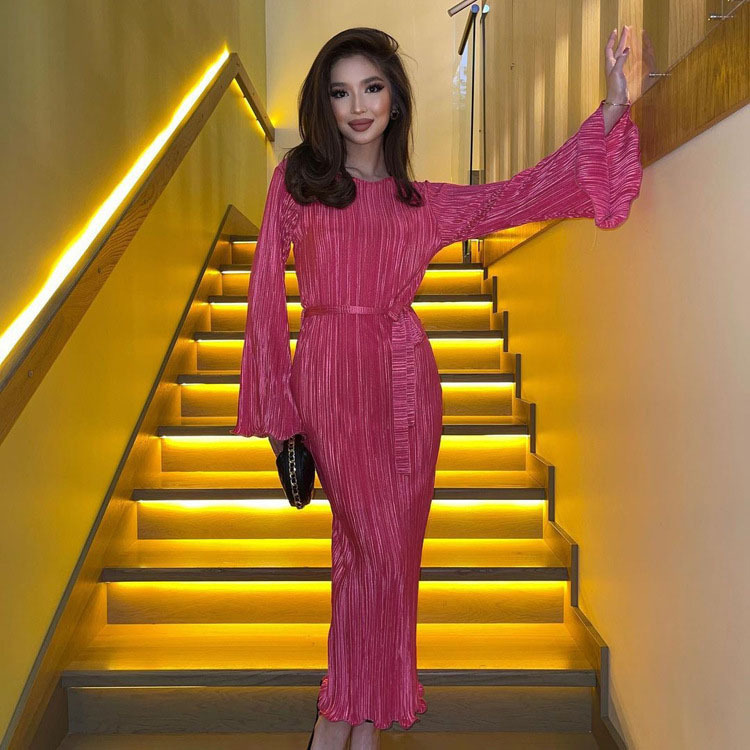 Foreign Trade Women's Clothing Cross-Border Supply European and American Style Dress with Tie, Flared Long Sleeves, Pleated Floor-Length Dress