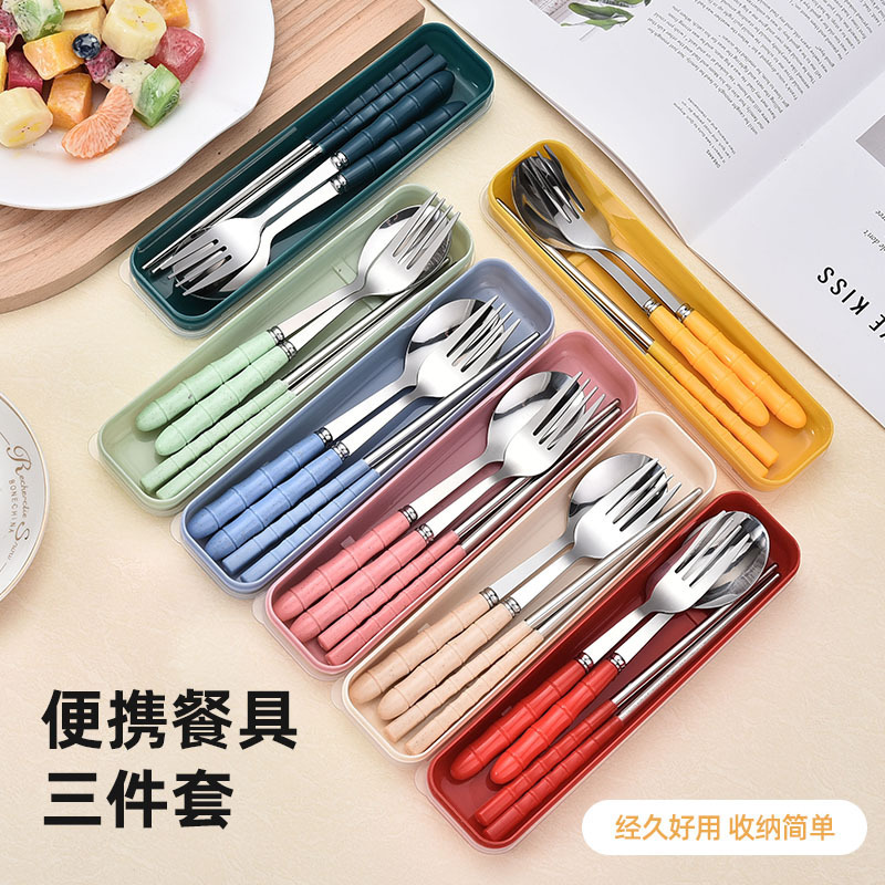 Stainless Steel Tableware Set Gift Set of Three-Piece Spoon, Fork, and Chopsticks with Bamboo Design for Students, Outdoor Travel, and Convenient Use for Office Workers