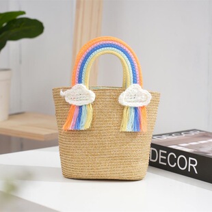 Customized Export Style Small Straw Rainbow Bag Open Cloud Tassel Handle Handbag Casual Seaside Wholesale
