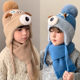 Children's Hat Autumn and Winter Knitted Scarf Two-Piece Set for Boys and Girls Cartoon Thickeneded Warm Plush Pullover Ear Protection Hat