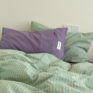 Ins Blogger Style Cotton Yarn-Dyed Washed Cotton Four-Piece Set Stripesd Simple Contrasting Color Pure Cotton Bed Bed Sheets Quilt Cover Dormitory 1.8