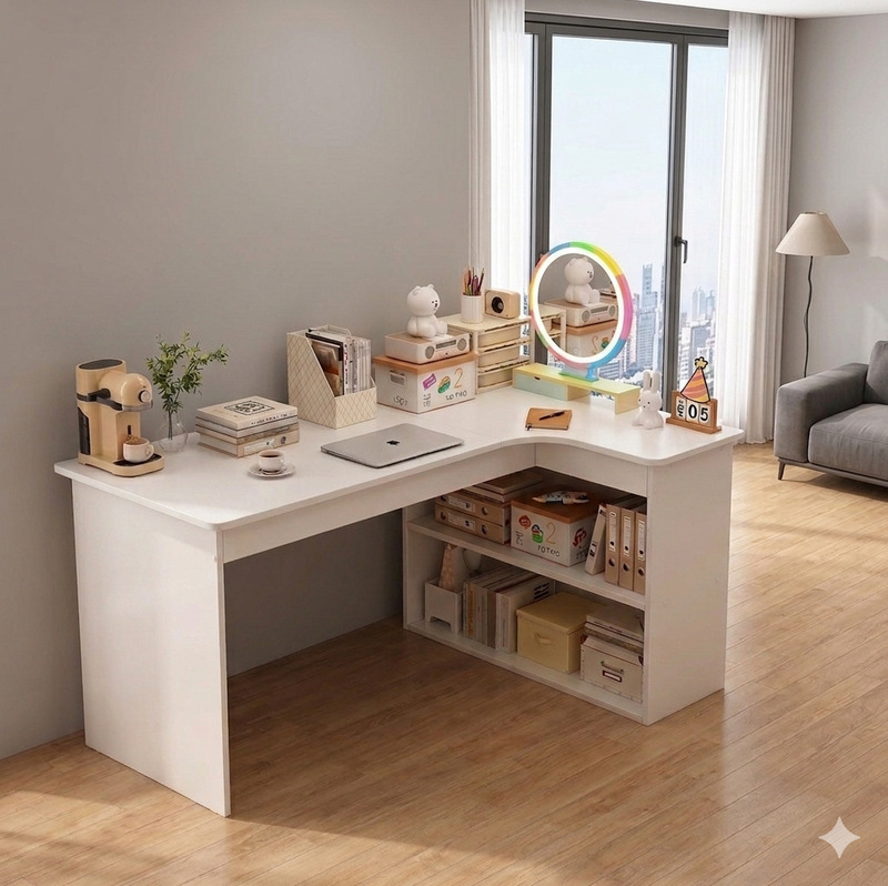 Nordic Minimalist L-Shaped Corner Desk, Home Computer Desk, Bedroom Study Desk with Bookshelf and Storage Cabinet, Office Desk