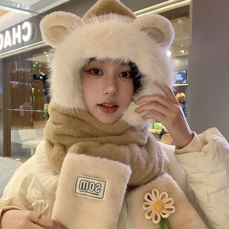 时尚可爱小熊围巾手套一体毛绒帽子女显脸小户外防寒保暖护耳帽潮|undefined