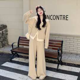 燕麦色超火穿搭假两件国风卫衣套装裤女2026秋季新款阔腿裤两件套