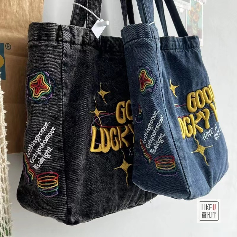 伊妮兒 復古牛仔包幸運系列ins風單肩包女中古包學生上課包通勤包