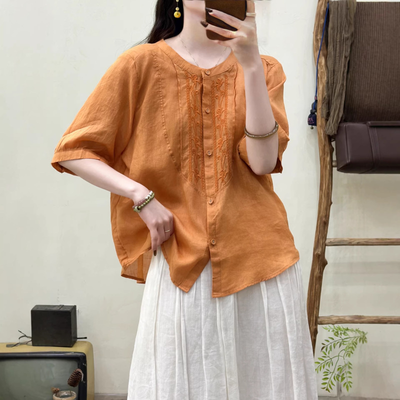 Pure Ramie Mid-Sleeve Shirt 2026 Summer New Style Retro Embroidered Fully Hemmed Cardigan Loose Top for Women 2626 Pure Ramie Mid-Sleeve Shirt 2026 Summer New Style Retro Embroidered Fully Hemmed Cardigan Loose Top for Women 2626
