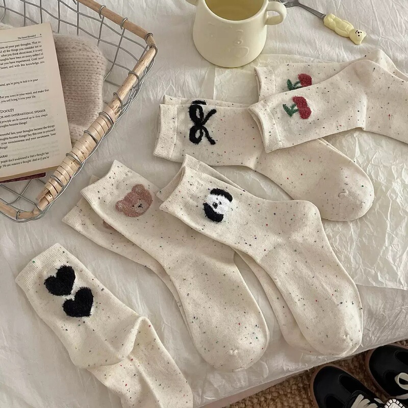 Cute Bow College Style Socks Women's Mid-tube Cotton Socks Point Yarn Stacked Socks All-match Cartoon Bear Ins Trendy