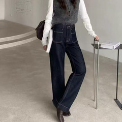 不退换y6579韩版小众设计双口袋高腰直筒牛仔裤女