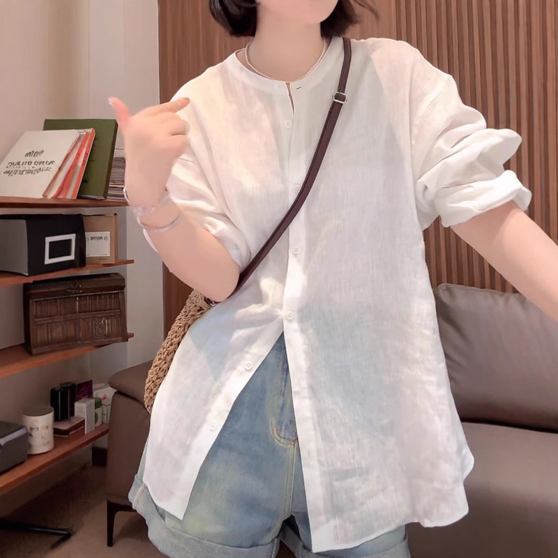Linen Stand Collar Buttoned Long-Sleeved T-Shirt for Women 2024 Summer New Fashion Loose and Versatile Slimming Look Top Shirt