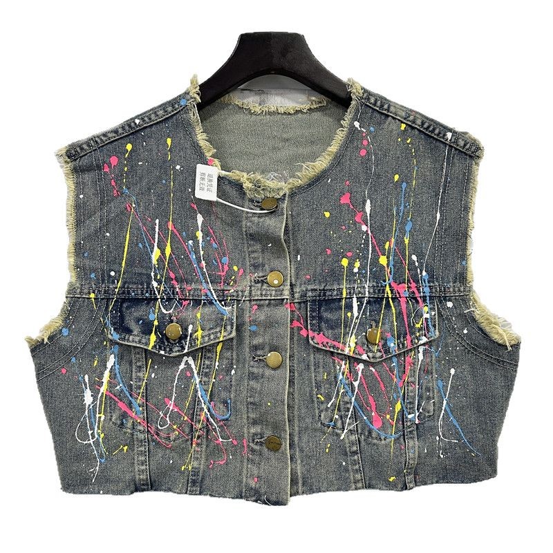 Chaleco de mezclilla pintado a mano de graffiti retro americano para mujer, nuevo estilo, chaleco de moda de estilo occidental, chaqueta de chaleco de moda image 5