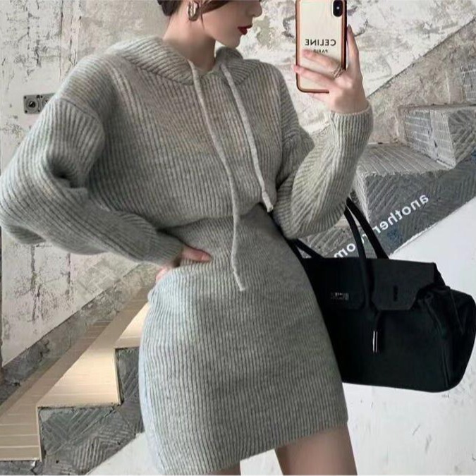 Hooded thickened knitted jumpsuit hip skirt for women autumn and winter New Fashion age-reducing waist slimming bottoming sweater for women Hooded thickened knitted jumpsuit hip skirt for women autumn and winter New Fashion age-reducing waist slimming bottoming sweater for women