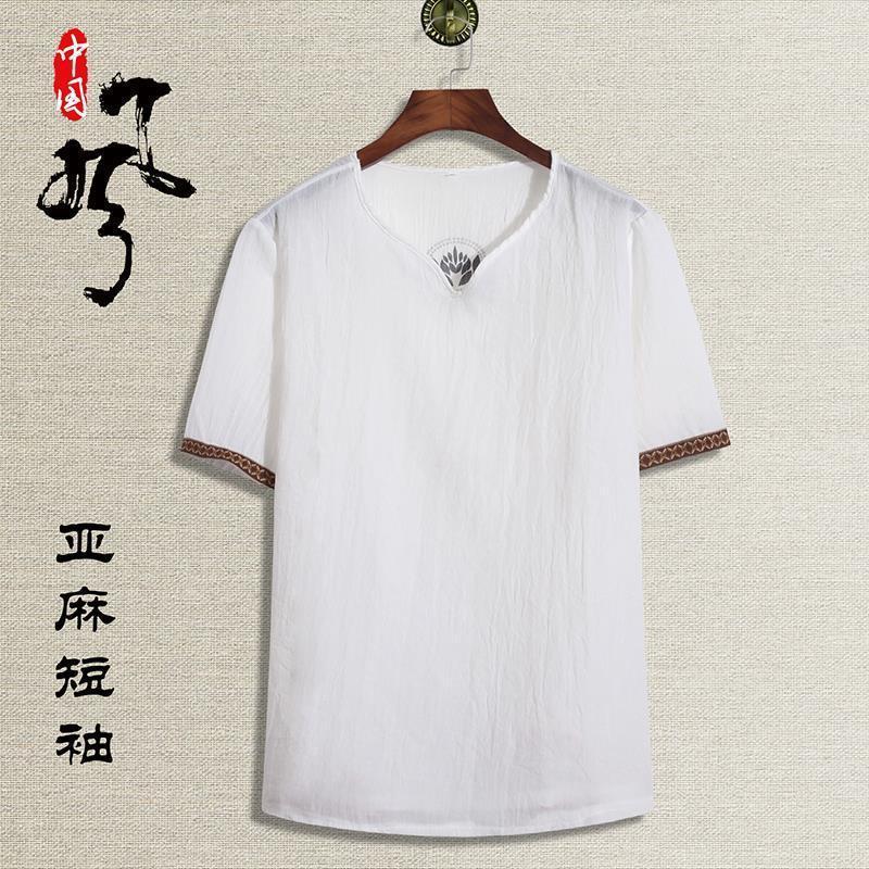 Verano con cuello en V de manga corta de los hombres de algodón transpirable y lino camiseta casual versátil media manga de los hombres retro camiseta delgada superior