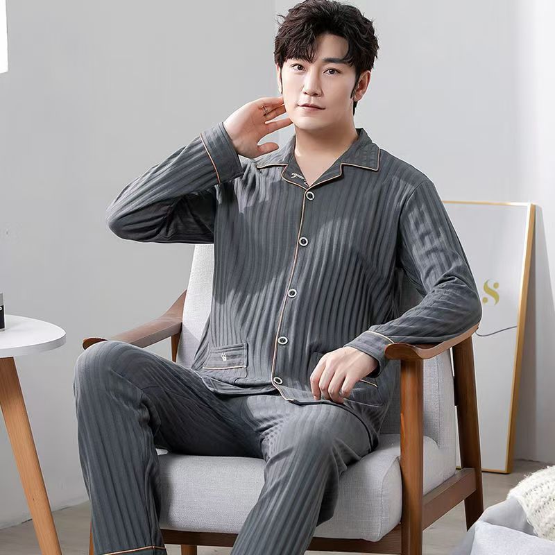 Pajamas de algodón para hombres primavera y otoño de manga larga para hombres de mediana edad otoño y invierno papá set de ropa para el hogar