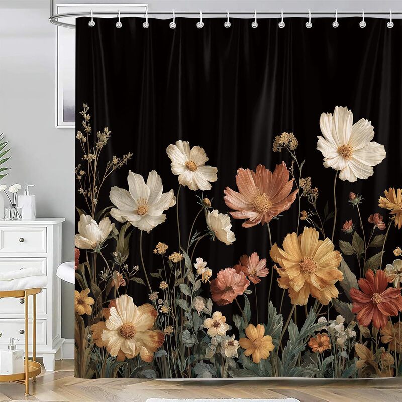 Sokdcam Black Floral Shower Curtain, Vintage Bohemian Floral Wildflower Rustic Bathroom Curtain Set