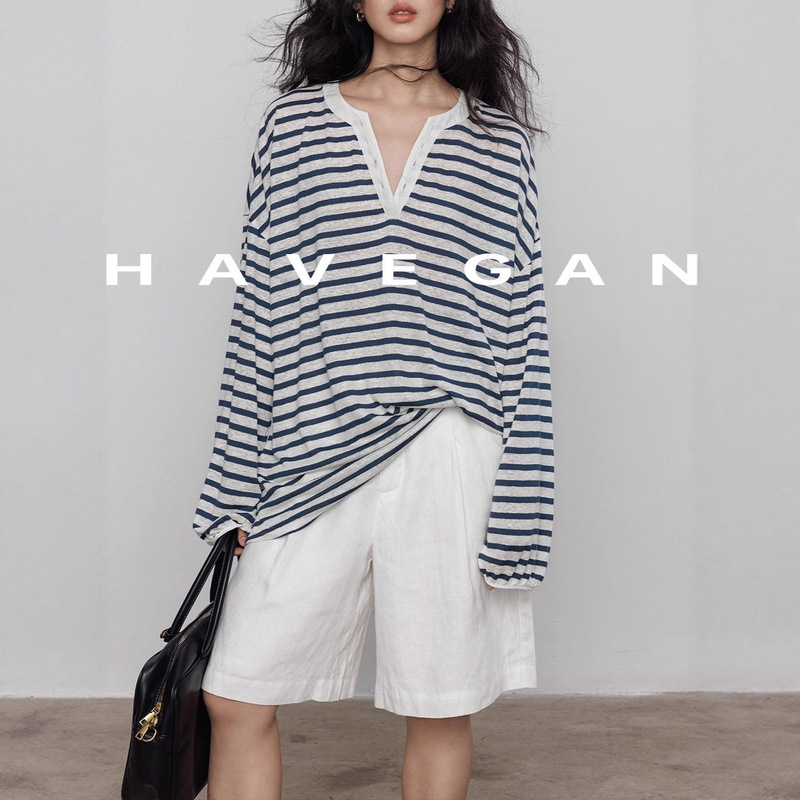 Havegan/Designed V-Neck Linen Stripesd Long-Sleeved T-Shirt for Women Summer Sun Protection Thin Holiday Style Top