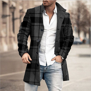 2023 European and American Foreign trade cross-border supply foreign trade autumn and winter new men's woolen stand collar mid-length pocket casual overcoat