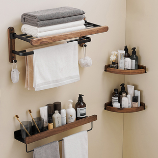 Log Style Towel Rack Bathroom Punch-Free Walnut Solid Wood Bath Towel Rack Bathroom Supplies Storage Rack