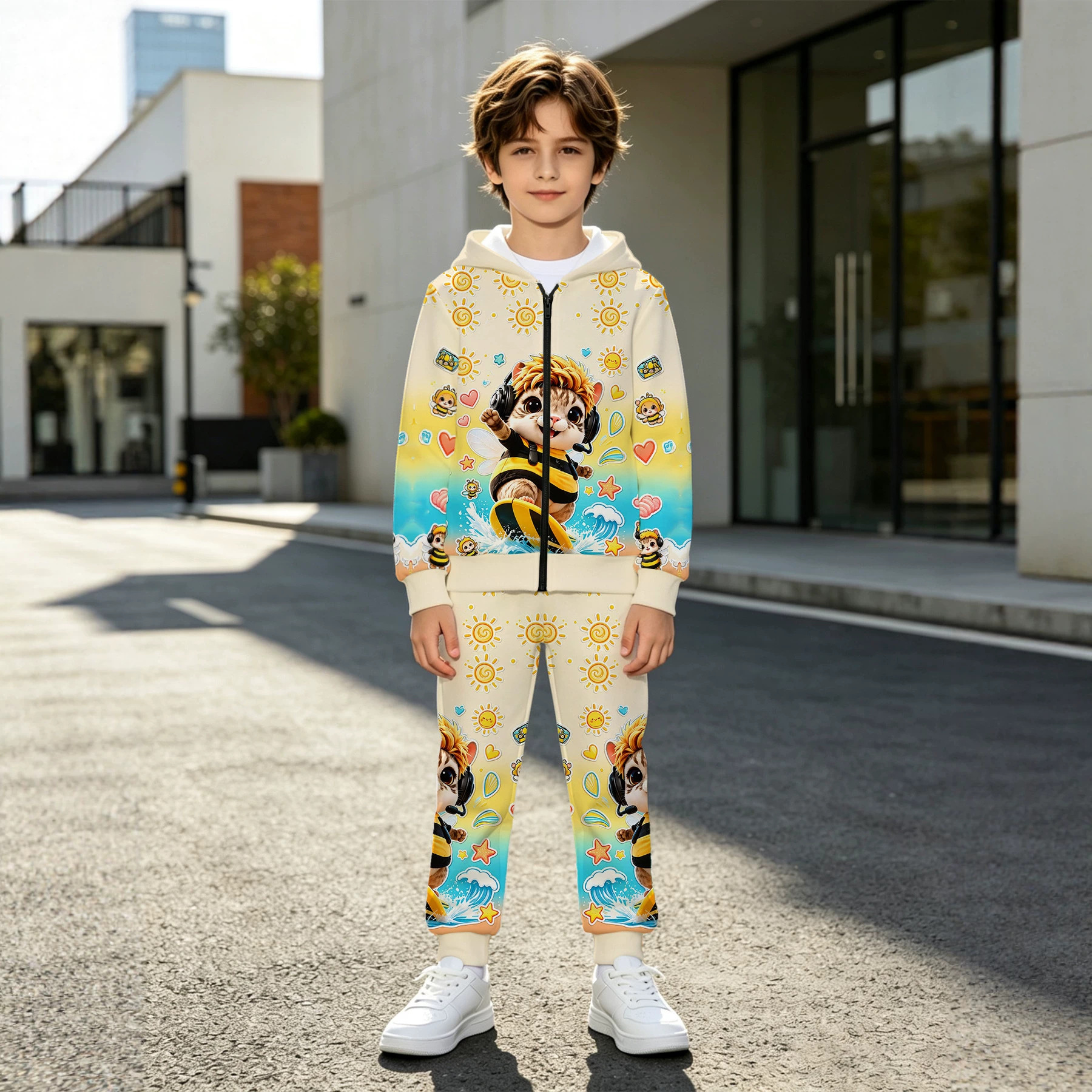 Surfing Bee Squirrel Cartoon Print Zipper Sweatshirt Set for Boys and Girls - Sunny Waves Fun Two-Piece Set