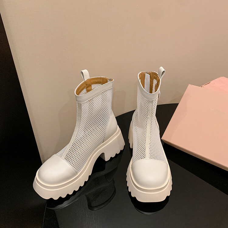 Boot nữ cổ cao đế dày gót bánh xốp da bò lưới thoáng khí xuân hè 2024 — Màu đen, Màu trắng be chi tiết 103