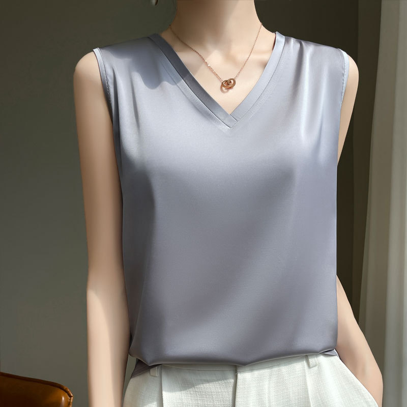 2025 New Silk Acetate Camisole Short-sleeved Women's V-neck Suit Loose Slimming White Sleeveless T-shirt