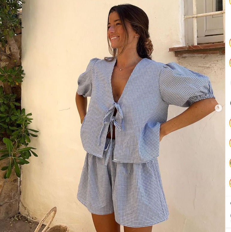 2024 European and American Foreign Trade Summer Lace-up Plaid Top suit Casual Loose High Waist Wide Leg Pants Women's Women's Short Sleeve