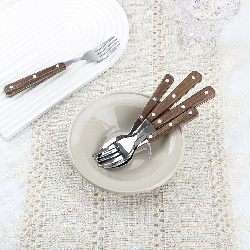 Juego de cubiertos de acero inoxidable con diseño imitación madera cuchillo tenedor y cuchara estilo occidental