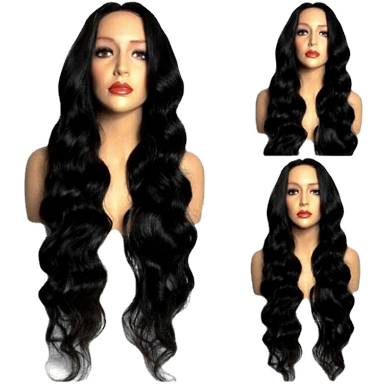 Peluca de moda europea y americana Peluca de seda de alta temperatura onda grande negro medio largo pelo rizado de fibra química peluca cabeza cubierta