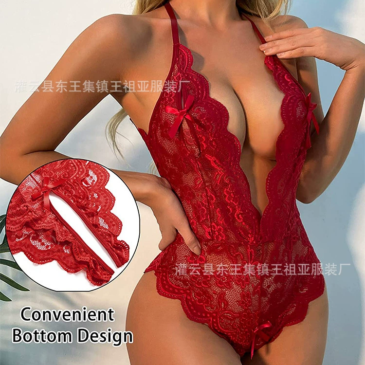 Сексуальное женское белье с открытой промежностью, европейские и американские кружевные пижамы больших размеров с бантом росы, сексуальный комбинезон с открытой спиной и свободным искушением