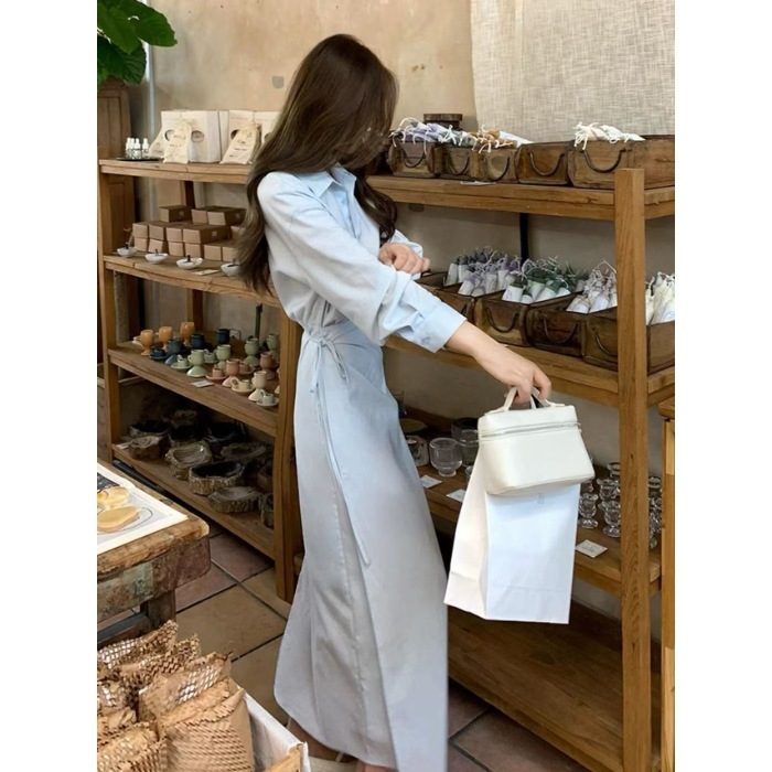 御姐风简单大方感穿搭蓝色收腰系带衬衫连衣裙女2025新款秋季|undefined
