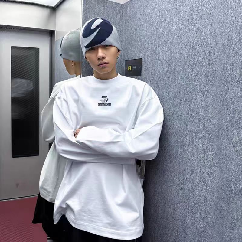 WE11DONETRACK潮牌WELLMIKI美式胸前小BD标印花春情侣长袖T恤男|undefined