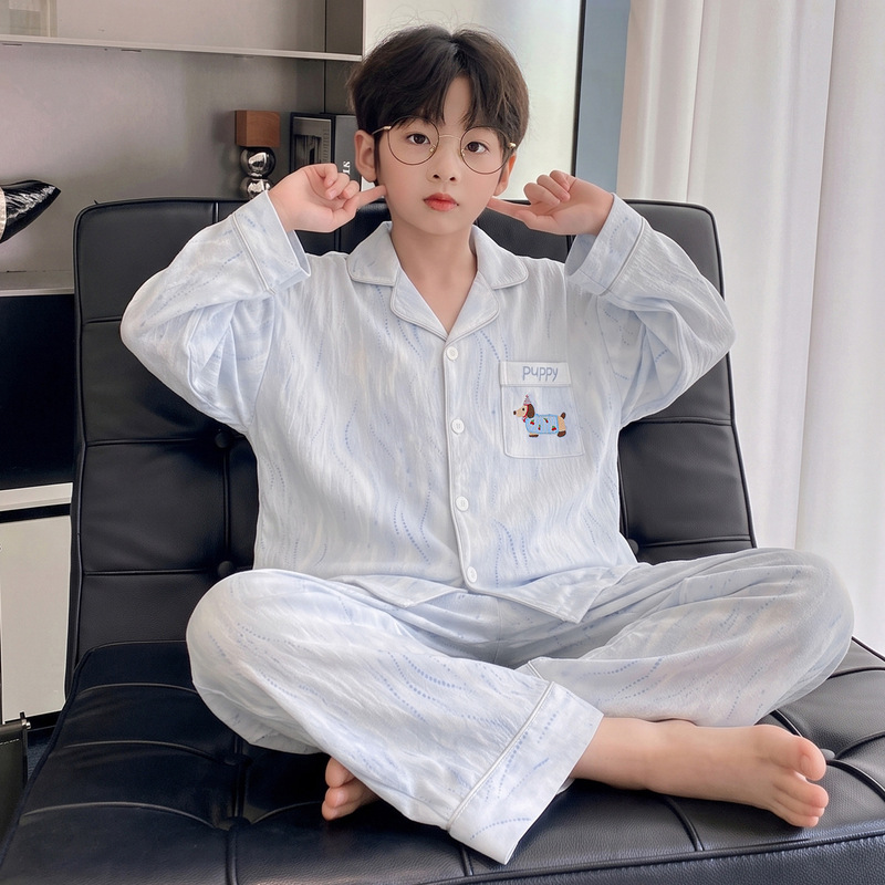 Stylish children's pajamas for boys, spring and autumn long-sleeved long-pants cloud cotton air-conditioning clothing, home wear for teenagers and boys Stylish children's pajamas for boys, spring and autumn long-sleeved long-pants cloud cotton air-conditioning clothing, home wear for teenagers and boys
