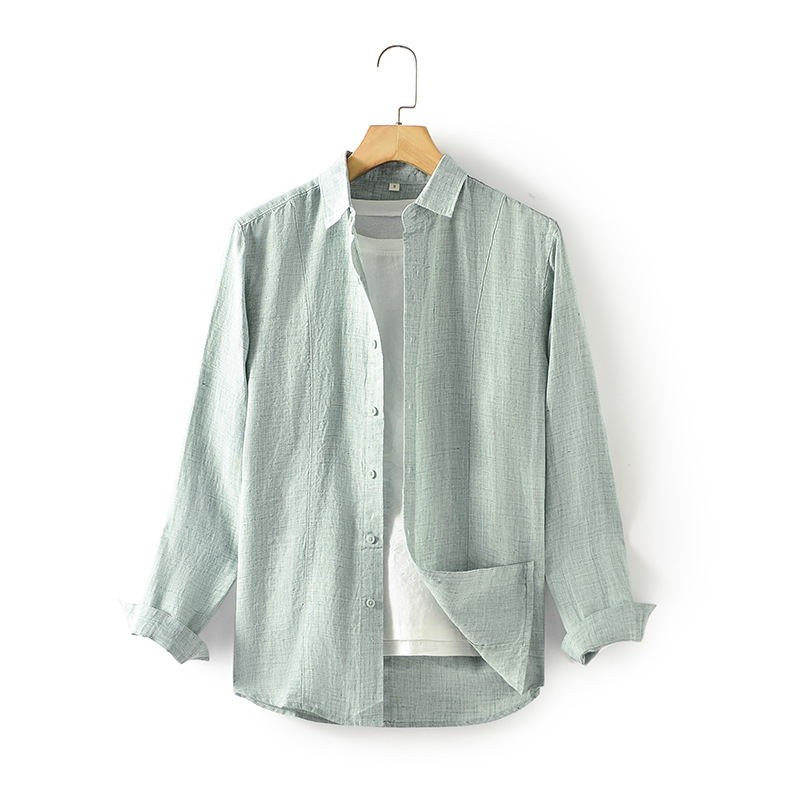 Camisa de Lino de Manga Larga para Hombre, Primavera 2025, Nueva, Holgada, Informal, con Cuello Camisero, Color Sólido, E008