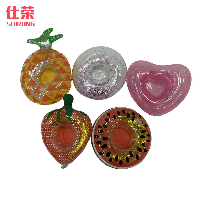 Inflatable toy cup holders, transparent with sequins, watermelon, pineapple, strawberry, heart-shaped PVC water cup holders.