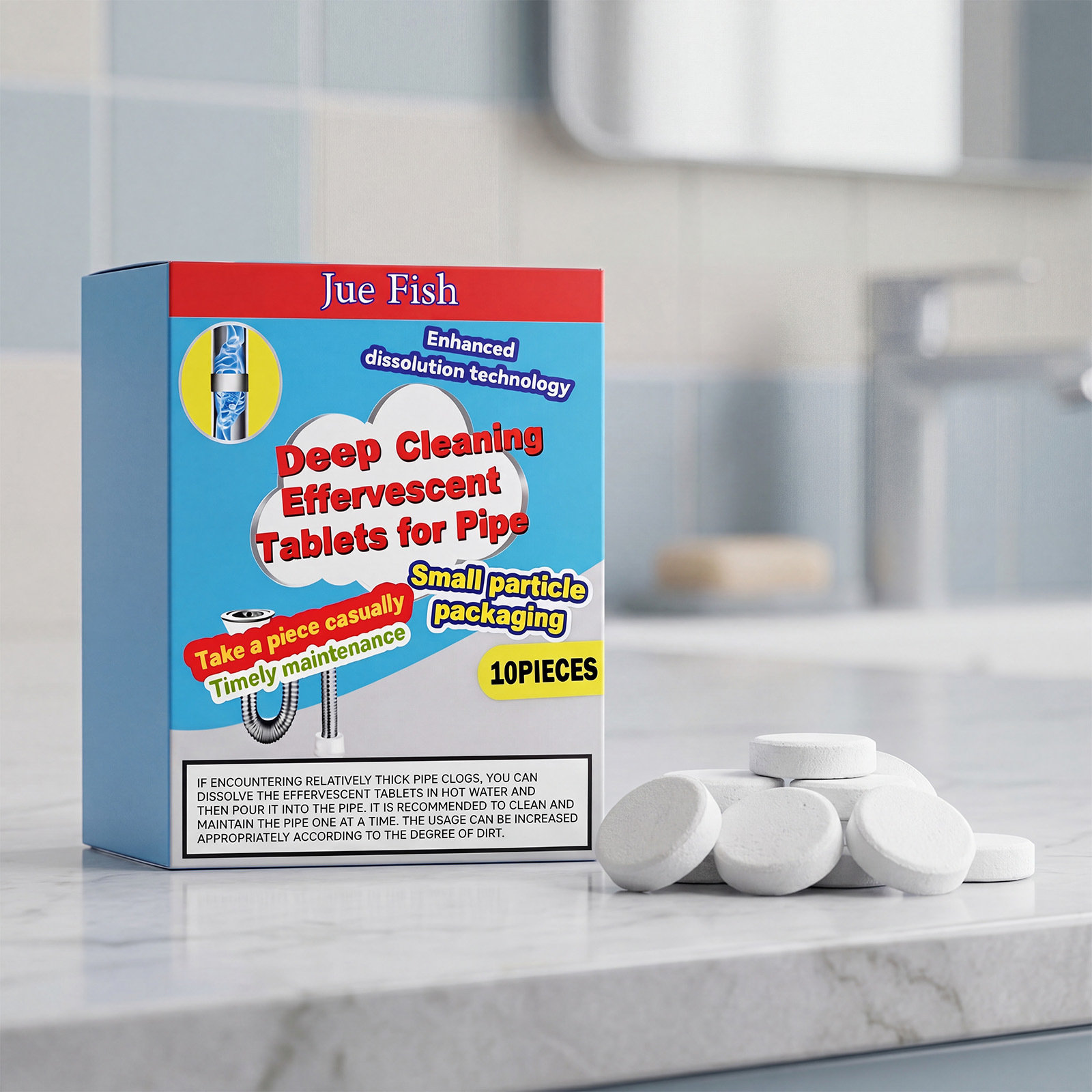 Jue Fish Pipe Cleaning Effervescent Tablets for Toilets, Sinks, and Kitchen Sinks to Dissolve Grease and Clean the Surfaces