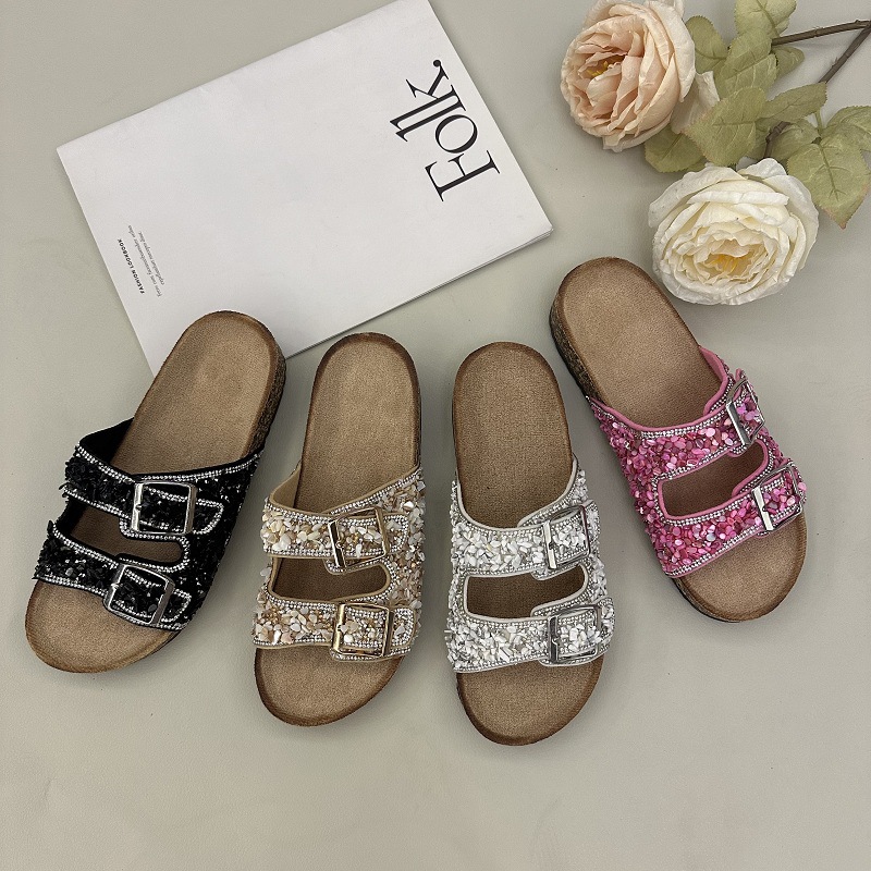 2025 verano Europa y los Estados Unidos comercio exterior transfronterizo zapatillas de doble botón perforación de arena corcho gran fábrica de zapatillas para mujeres