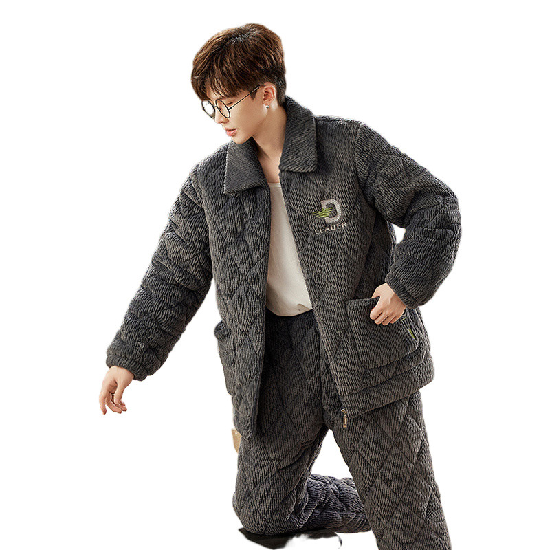 (2개) 남성 잠옷 겨울 산호 벨벳 3겹 퀼팅 두꺼운 플러스 벨벳 따뜻한 플란넬 청소년 홈웨어 세트