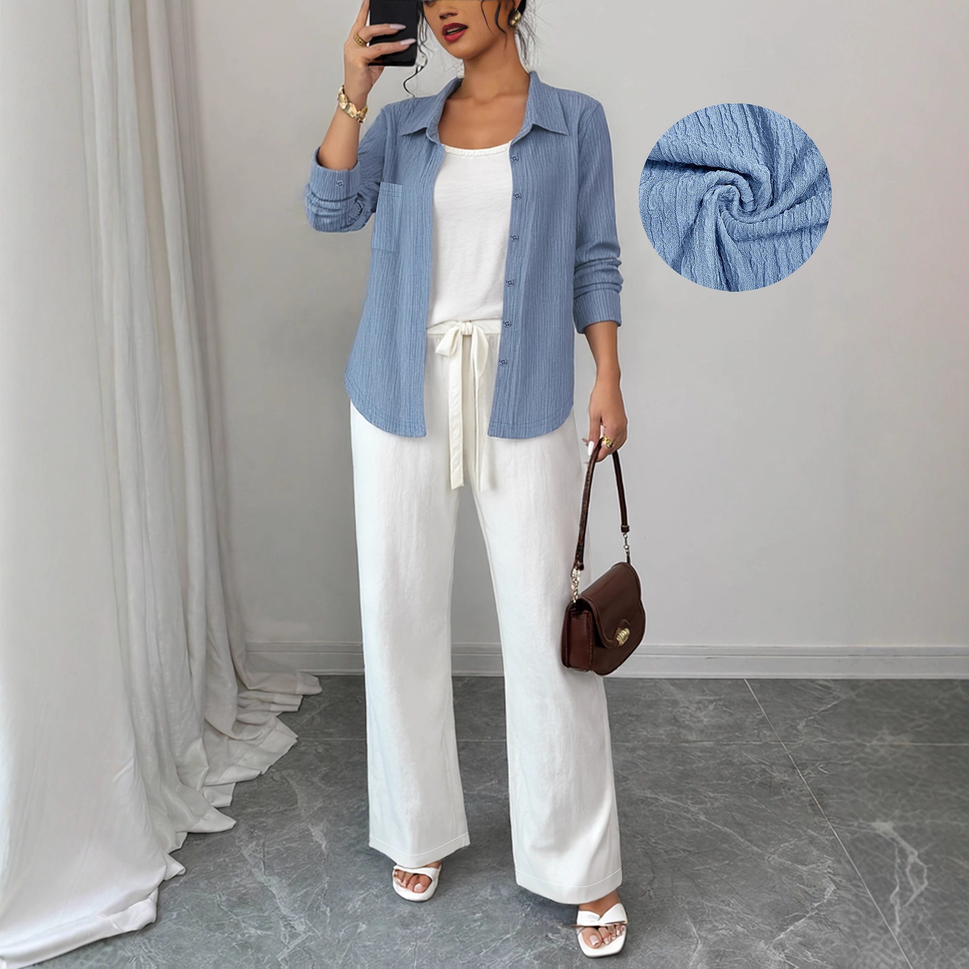 3-Piece Spring Summer Casual Set, Relaxed Cardigan, Sleeveless Top & High-Waisted Wide-Leg Pants, Comfortable Outfit For Women_ecoleips.com