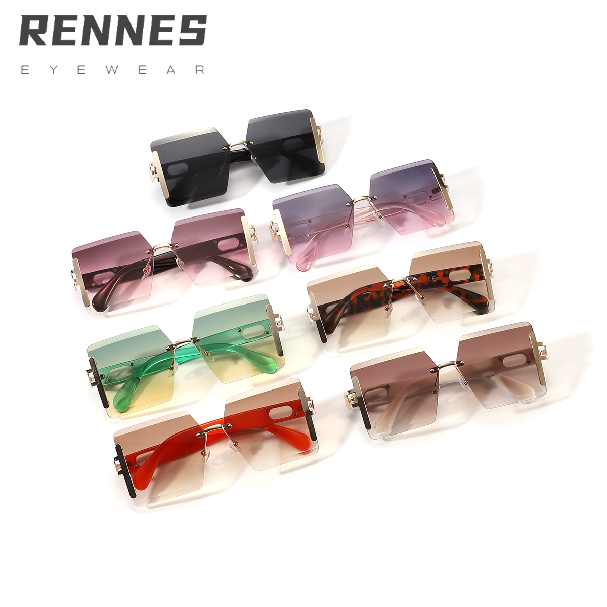 Nuevas gafas de sol cuadradas sin marco multicolores transfronterizas, gafas de sol de protección solar de pasarela de lujo ligero europeo y americano para mujeres Sunglasses