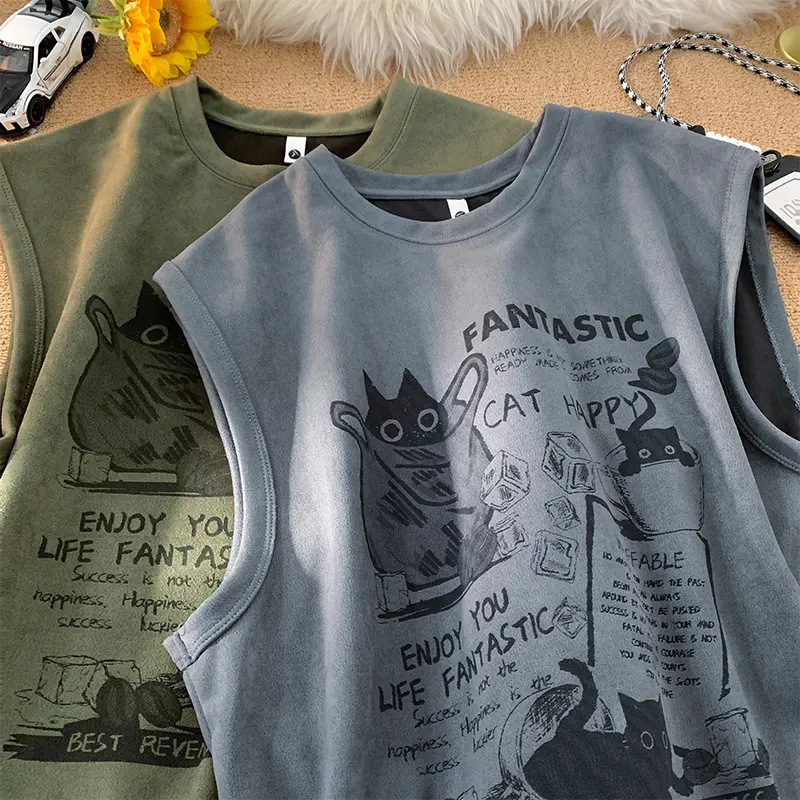 Heavyweight Suede Sleeveless T-Shirt for Men, Summer Trendy American Retro Clothing, Loose Trendy Sports Vest Heavyweight Suede Sleeveless T-Shirt for Men, Summer Trendy American Retro Clothing, Loose Trendy Sports Vest