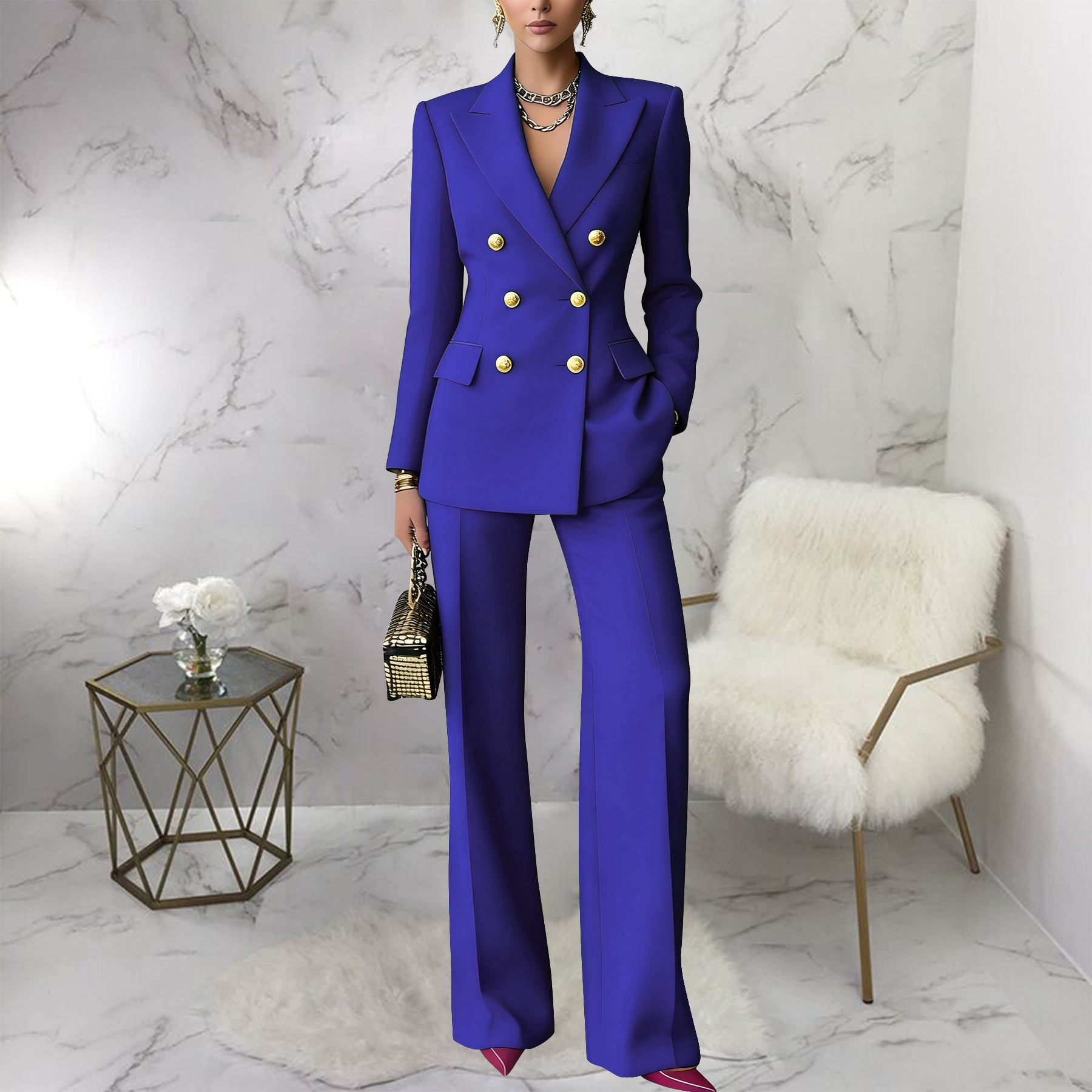 Women's Solid Color Button Suit Trousers Set With Lapel Professional_ecoleips.com