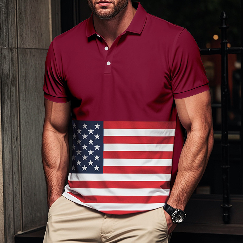 Europa y los Estados Unidos Amazon Hot Sale hombre botón de color coincidente camisa de polo de verano impresa con bandera nacional
