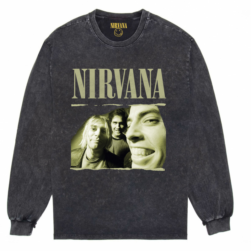 Nirvana Vintage American retro apenado rock punk angustiado lavado batik Camiseta de manga larga