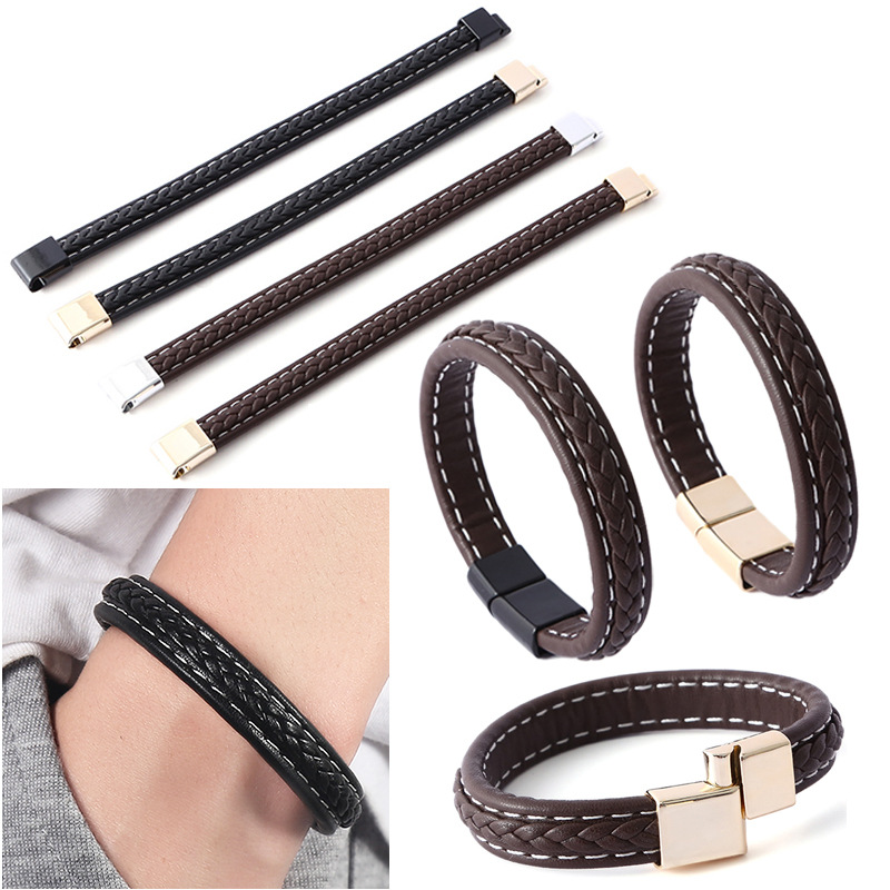 Cross-border European and American Men's Bracelet Personalized Retro Woven Leather Bracelet Stainless Steel Magnetic Buckle Bracelet Couple's Hand Jewelry