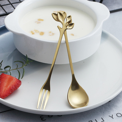 森系小清新ins不锈钢树叶勺子镀金色甜品咖啡搅拌月饼水果叉赠品