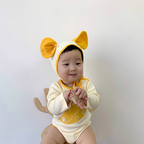 2024 spring new baby jumpsuit ins style baby harem mouse shape cheese print long sleeves